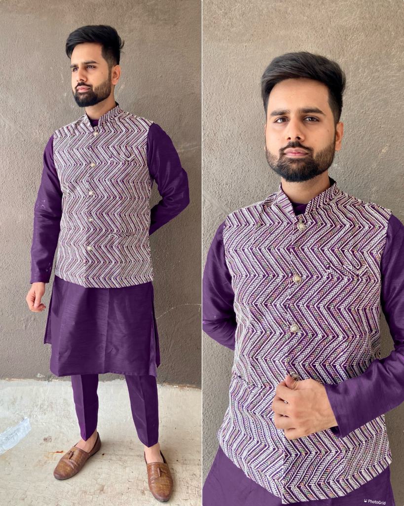 Buy Manyavar Koti Wine Banglori Silk Kurta Pyjama With Embroidered