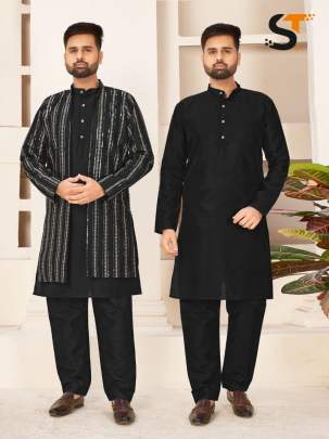 Fabulous Banglori Silk Black Kurta Pyjama With Koti For Men