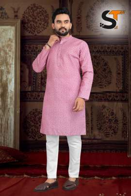 Opulent Pink Cotton Printed Kurta Pyjama For Men
