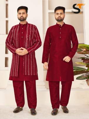 Prodigious Maroon Banglori silk Kurta Pyjama With Koti For Men