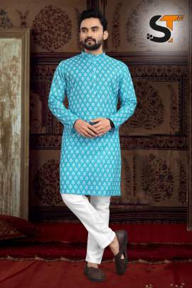 Spectacular Sky Blue Printed Cotton Kurta Pyjama For Men
