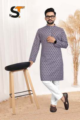 Surprising Blue Printed Cotton Kurta Pyjama For Men