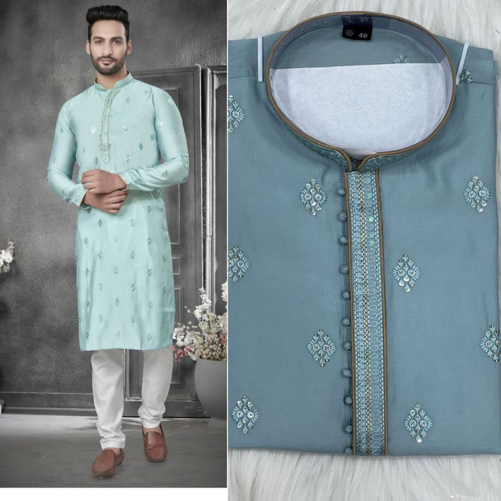 MEN'S HEAVY  COTTON SILK EMBROIDERED FESTIVAL WEAR KURTA PAJAMA SET
