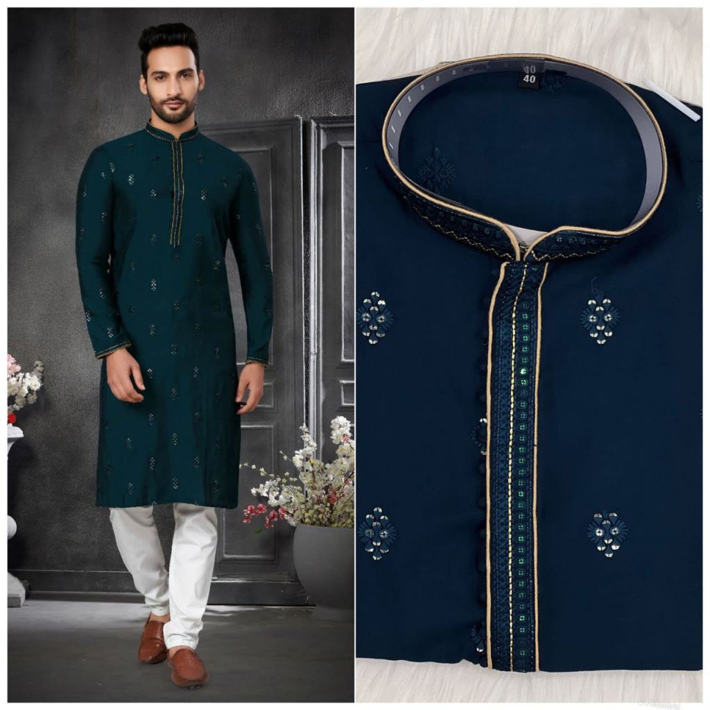  MEN'S HEAVY  COTTON SILK EMBROIDERED KURTA PAJAMA SET
