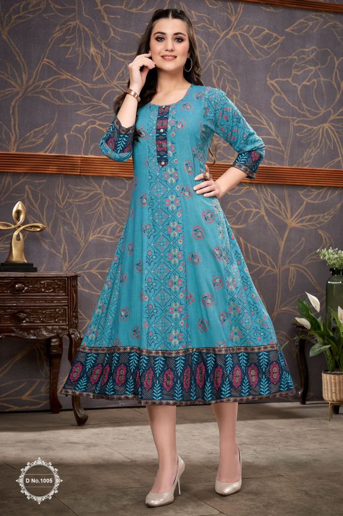 Buy SUHANA BLUE RAYON PRINTED ROUND FLAIR KURTI at INR 550 online from Inli Exports anarkali style kurtis suhana 1005