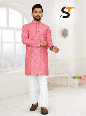 Amazing Mirror Work Pink Kurta Pyjama For Men