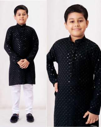 BLACK AMAZING HEAVY CHIKANKARI KURTA PYJAMA FOR KIDS