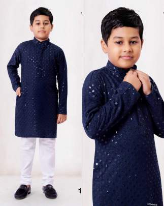 BLUE HEAVY CHIKANKARI KIDS RAYON KURTA PYJAMA