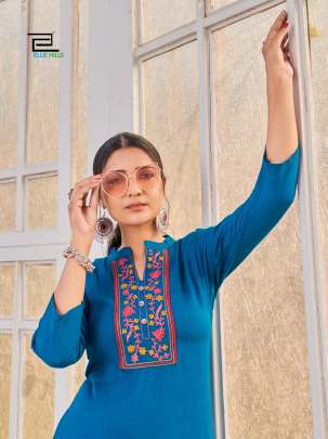 CITY GIRL - BLUE RAYON CASUAL WEAR KURTI WITH EMBROIDERY WORK