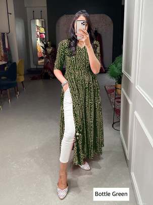 BANDHEJ - BOTTLE GREEN PRINTED RAYON LONG GOWN WITH NAYRA CUT PATTERN