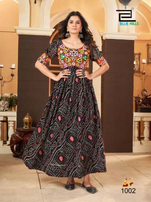 Black navratri bandhani gown with gamthi work