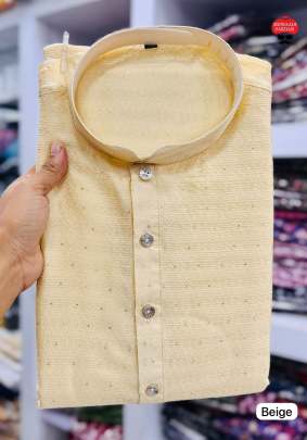 Breathtaking Beige Mens Jacquard Silk Kurta Pyjama