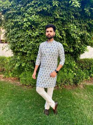 CHICKEN WORK WITH SEQUENCE & PRINT KURTA PYJAMA FOR MEN
