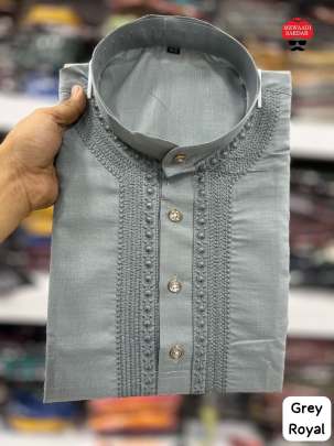 COTTON GREY KURTA PYJAMA FOR MEN WITH EMBROIDERY WORK