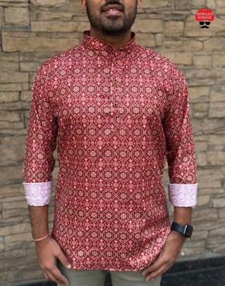 Cotton printed full sleeves short kurta for mens