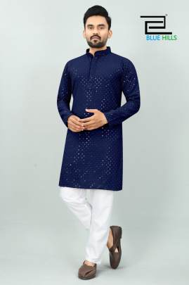 DESI BOYZ - BLUE RAYON TRADITIONAL CHIKAN WORK KURTA