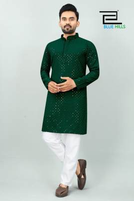 DESI BOYZ - GREEN RAYON TRADITIONAL CHIKAN WORK KURTA