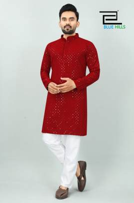 DESI BOYZ - MAROON RAYON TRADITIONAL CHIKAN WORK KURTA