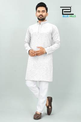 DESI BOYZ - WHITE RAYON TRADITIONAL CHIKAN WORK KURTA