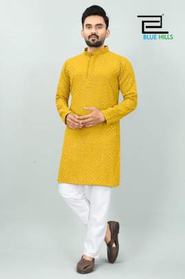 DESI BOYZ - YELLOW RAYON TRADITIONAL CHIKAN WORK KURTA