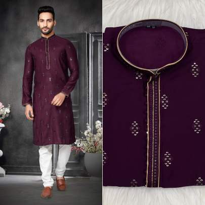 EMBROIDERD HEAVY COTTON SILK KURTA PYJAMA FOR MEN