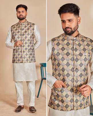 ENJOYABLE SOFT SILK MENS KURTA PYJAMA WITH KOTI 