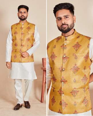 EXCELLENT KURTA PYJAMA WITH BANARASI JEQUARD KOTI FOR MEN