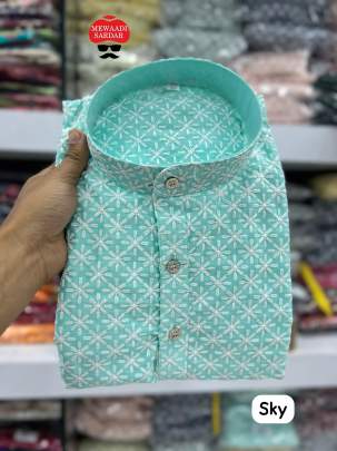 EXCELLENT SKY BLUE CHICKEN WORK KURTA PYJAMA FOR MEN