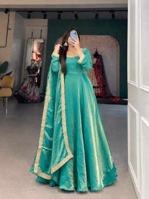 Fendi crush satin Anarkali Gown with Embroidered Lace Border Dupatta Set