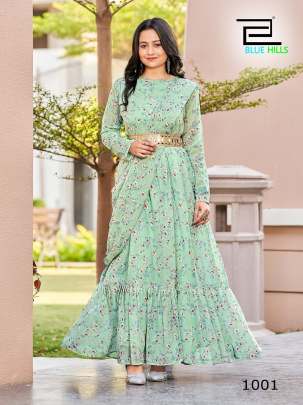 FRILL FLAIR - GREEN READY TO WEAR GEORGETTE LONG FRILL GOWN WITH MIRROR WORK BELT