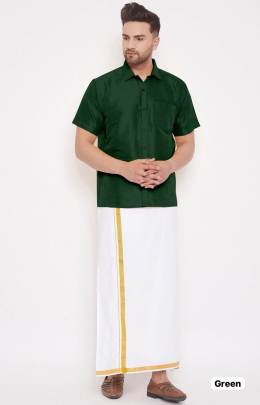 Green Silk shirt with dhoti for men's 