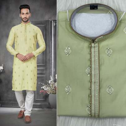 HEAVY COTTON SILK KURTA PYJAMA WITH EMBROIDERY WORK FOR MEN