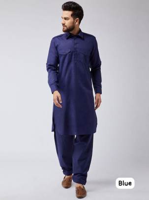 HEAVY COTTON SLUB BLUE PATHANI KURTA PYJAMA FOR MEN