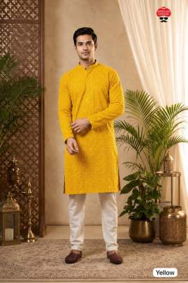 Haldi Special Yellow Chikankari Men's Long kurta set wholesaler