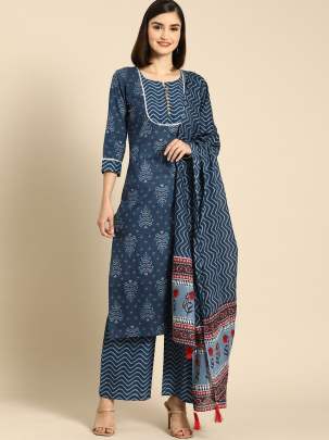 KIARA 3.0-INDIGO BLUE RAYON PRINTED TOP-BOTTOM-DUPATTA KURTI SET 