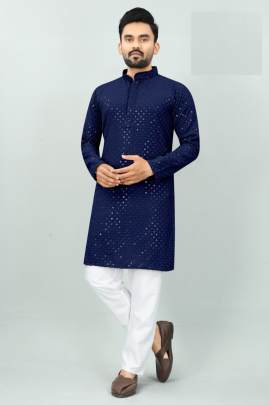 MARVELLOUS BLUE HEAVY RAYON CHICKEN KURTA PYJAMA FOR MEN