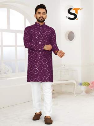 Magenta Heavy Silk Mens Kurta Pyjama with Embroidery work