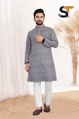 Marvellous Black Cotton Printed Kurta Pyjama For Men