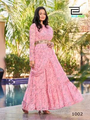 FRILL FLAIR - PINK READY TO WEAR GEORGETTE LONG FRILL GOWN WITH MIRROR WORK BELT