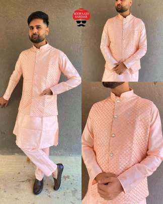 PRODIGIOUS PEACH HEAVY BANGLORI SILK MENS KURTA PYJAMA WITH KOTI