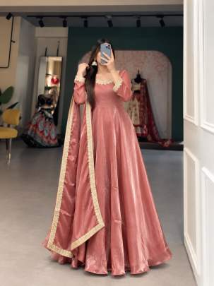 Peach women’s designer long party wear gown