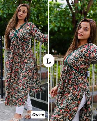 Rayon printed Naira cut full flair dress with long sleeves 