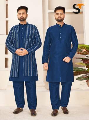 Royal Blue Mirror Embroidery Work Mens Kurta Pyjama With Koti