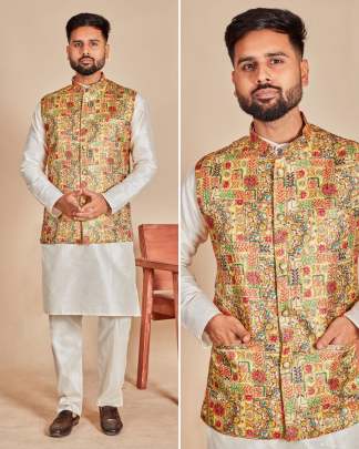 SATISFYING SOFT SILK KURTA PYJAMA WITH KOTI FOR MEN