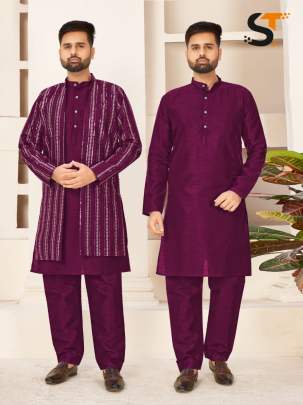 Striking Magenta Mirror Embroidery Kurta Pyjama With Koti For Men