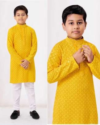 TEDIOUS YELLOW HEAVY RAYON CHIKANKARI KIDS KURTA PYJAMA