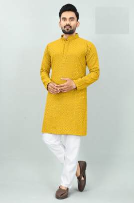 TRADITIONAL YELLOW CHICKEN KURTA PYJAMA FOR MEN