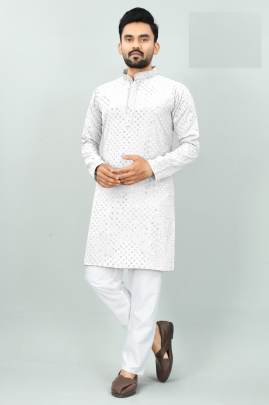 WHITE HEAVY RAYON INCREDIBLE CHICKEN KURTA PYJAMA FOR MEN