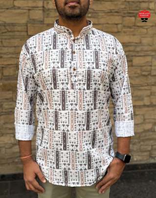 White cotton printed short kurta full sleeves 