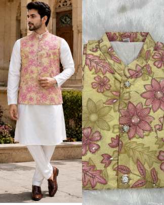 classic white base paired with intricate rich Nehru jacket